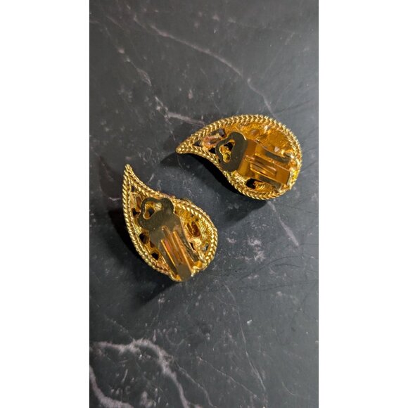 Vintage Gold-Tone Clip-On Earrings W/ White Opalescent & Green Rhinestones Tear - Picture 5 of 8